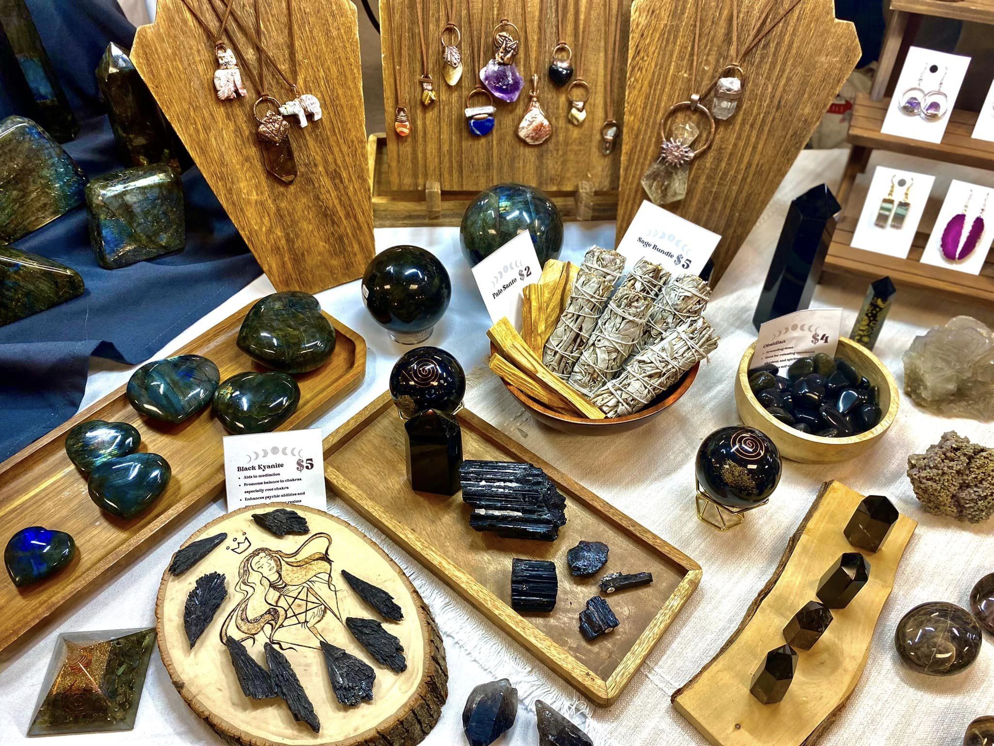 Vendor selling jewelry and mineral specimens.